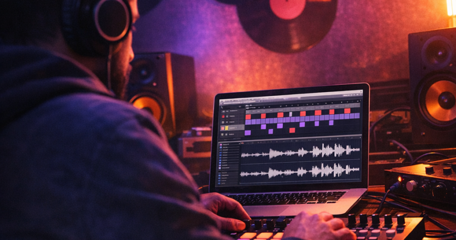 Beatmaker dans son home studio structurant un beat hip-hop