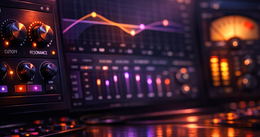 Interface de plugins audio pour le beatmaking avec effets néon violet et orange
