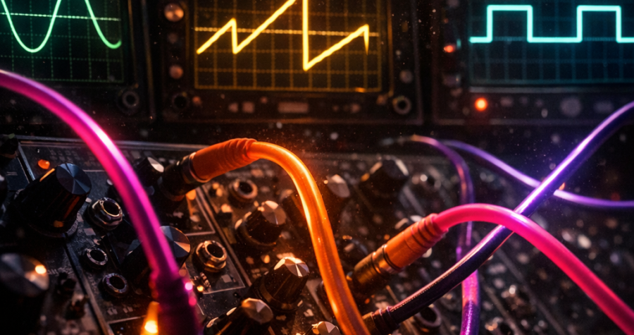 Synthétiseur modulaire avec câbles patch et oscilloscopes pour le sound design
