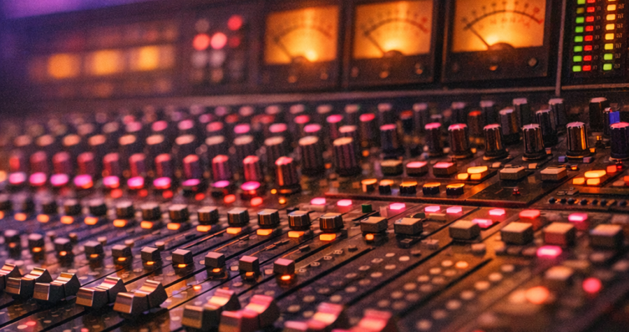 Console de mixage analogique professionnelle avec faders et VU-mètres lumineux