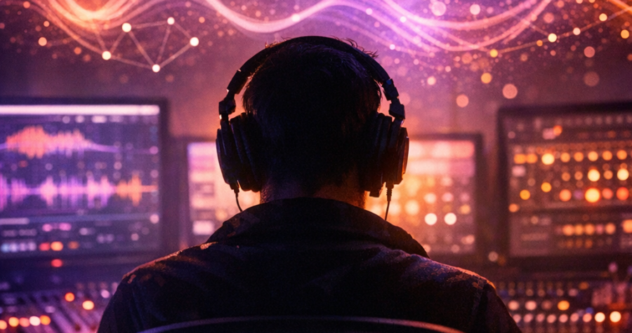 Producteur de musique silhouette devant son studio cherchant son style unique