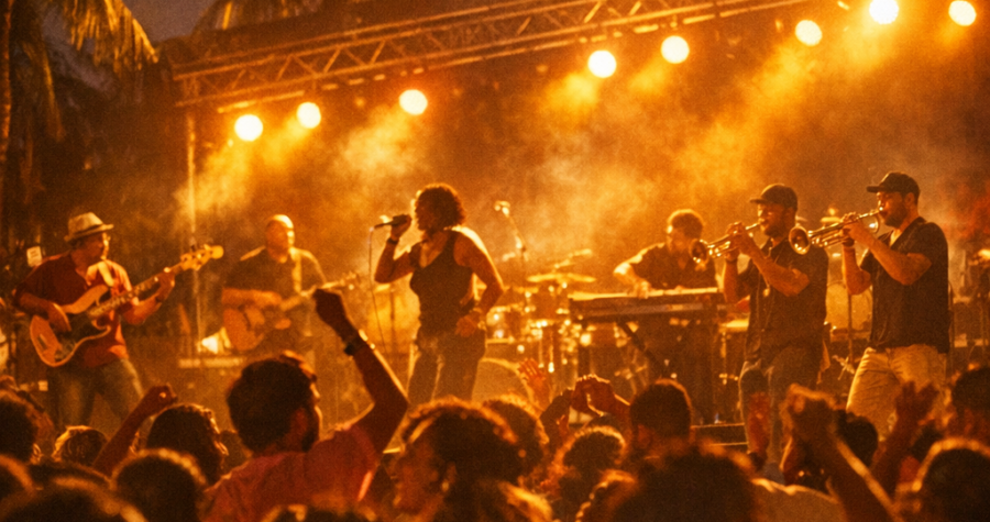 Soirée bouyon antillaise festive avec foule dansante et lumières chaudes