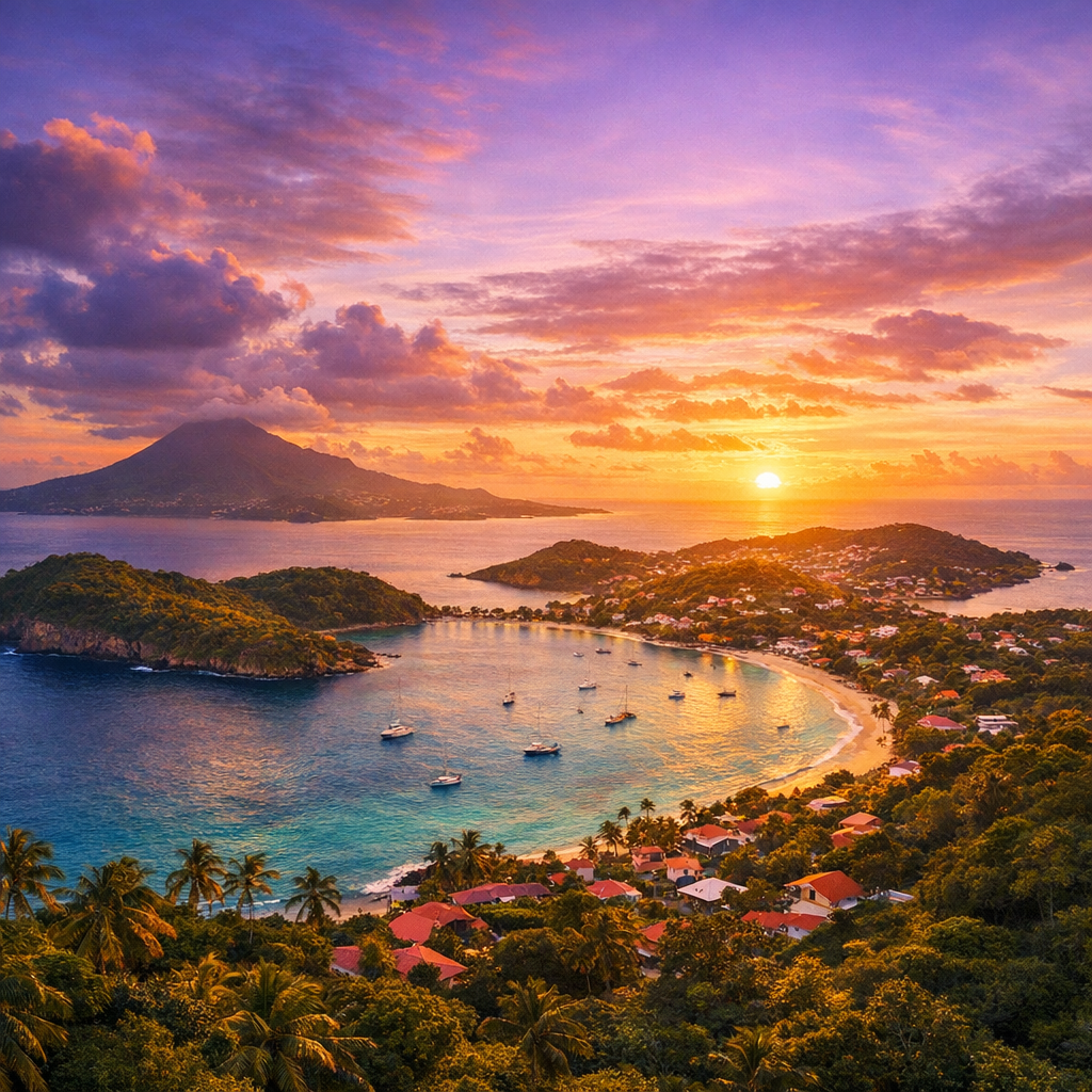 Vue aérienne de la Guadeloupe au coucher du soleil, mer des Caraïbes