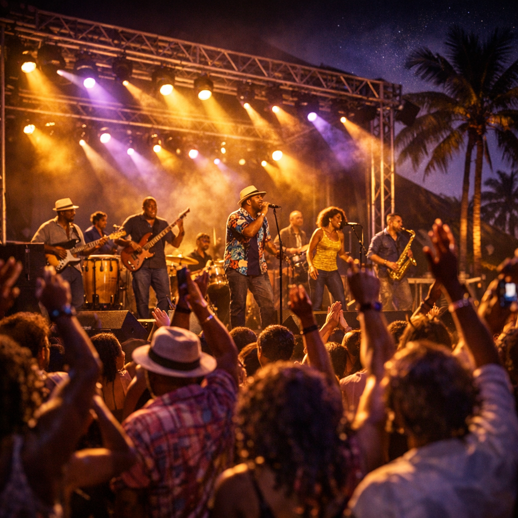 Concert live en Guadeloupe avec artistes locaux sur scène et public festif