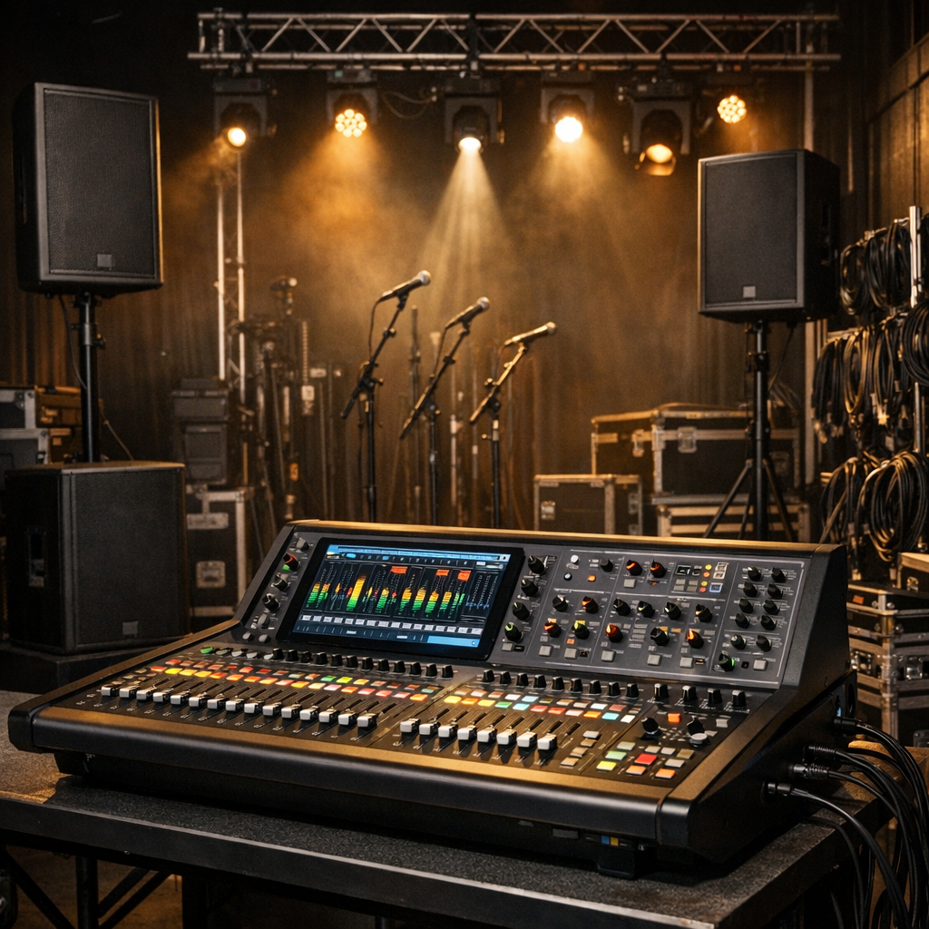 Matériel audio professionnel : console de mixage, enceintes et équipement scénique