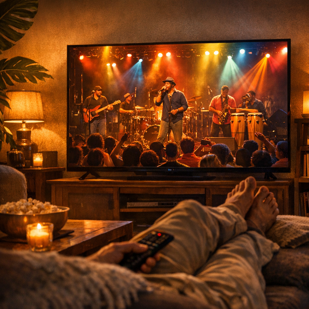 Streaming concert live sur écran depuis chez soi, ambiance cosy caribéenne